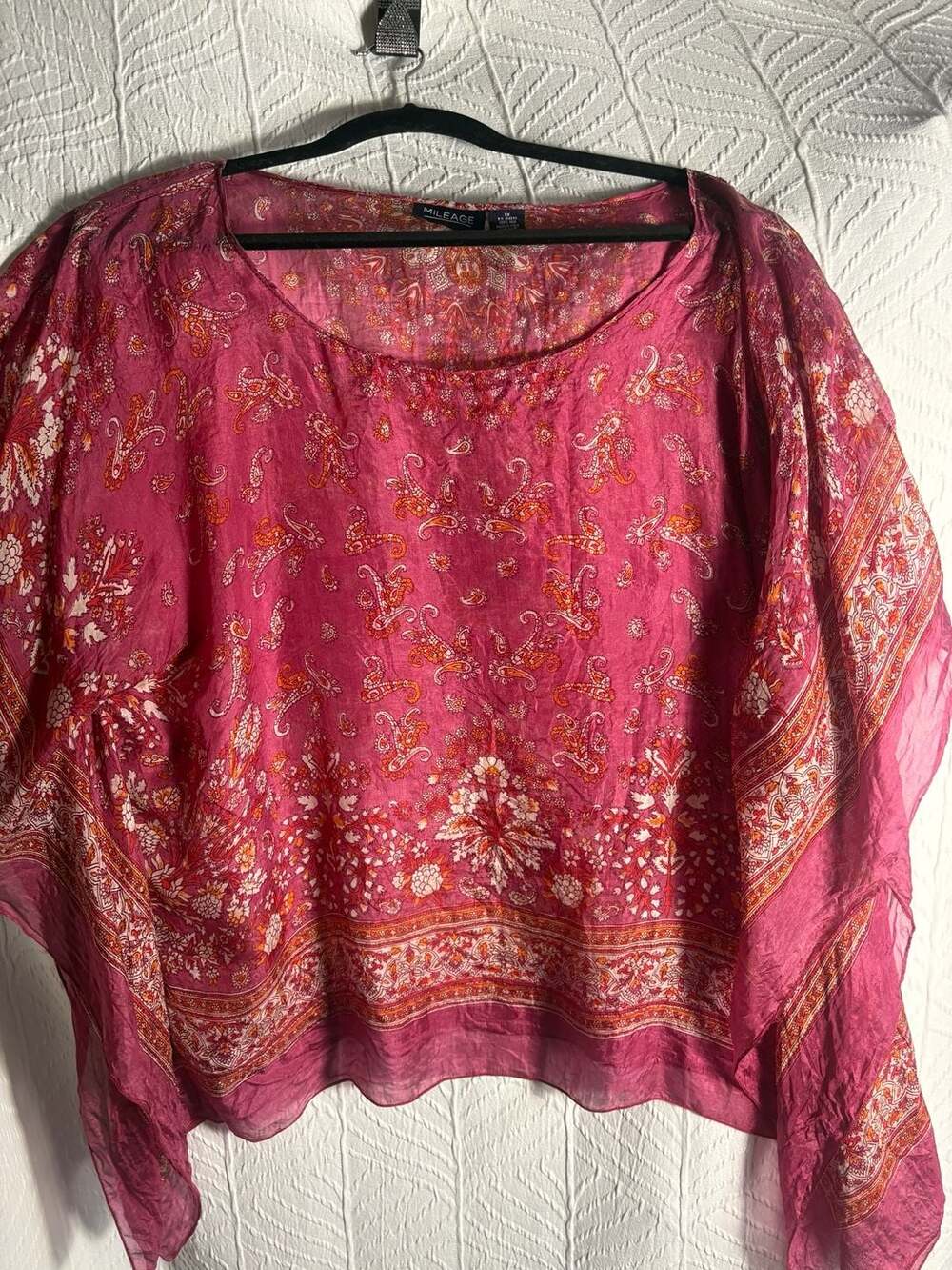 100% Silk RedPaisley Boho Kaftan Tunic Blouse Size 1X